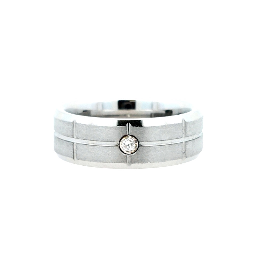 White Serenium Stone Beveled Grid With Inlay Wedding Band Size 10.5 With One 0.06Ct Round G/H Si1 Diamond