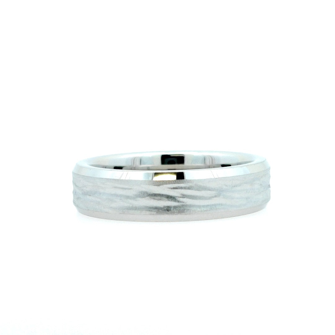White Serenium 6Mm Bevel; Bark Finish Wedding Band Size 10.5