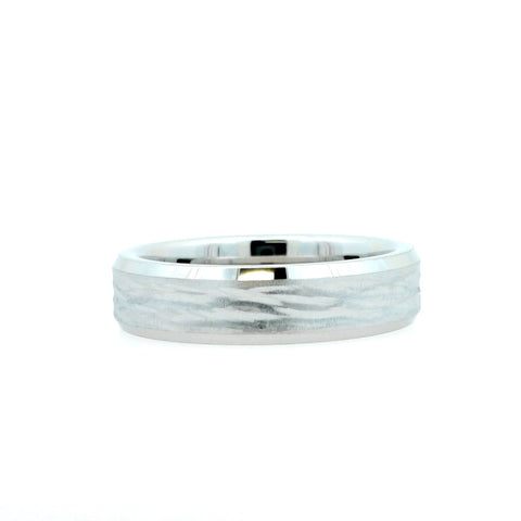 White Serenium 6Mm Bevel; Bark Finish Wedding Band Size 10.5