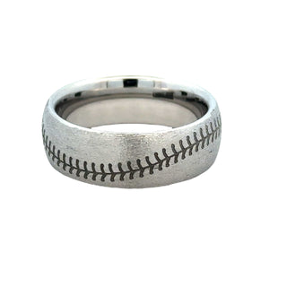 White Serinium Stone 8Mm Dome, Laser Baseball Wedding Band Size 10