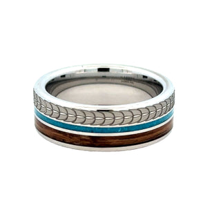 White Serenium 8Mm Flat, With 1Mm Turquoise, 2Mm Bourbon, And Feather Wedding Band Size 9.5