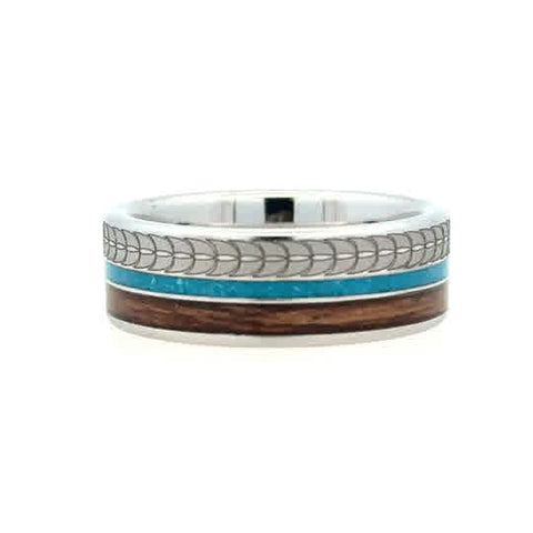 White Serenium Polish 8Mm Flat 1Mm Turquoise, 2Mm Bourbon Wood And Eagle Feather Pattern Wedding Band Size 10