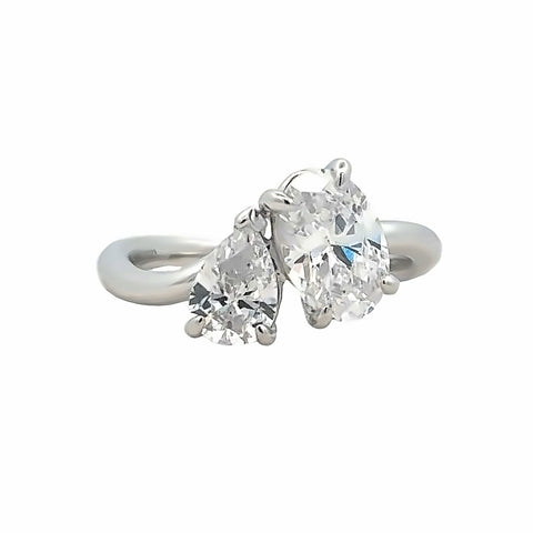 White 14 Karat Modern Two Stone Engagement Remount Size 6.5 With One 9.00X6.00Mm Oval Cubic Zirconium And One 7.00X5.00Mm Pear Cubic Zirconium