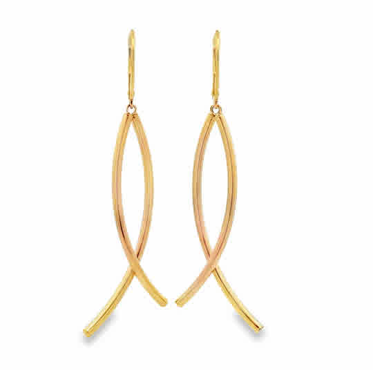 Lady's Yellow 14 Karat Curved, Graduating Bypass, Tube Stick Dangle Earrings