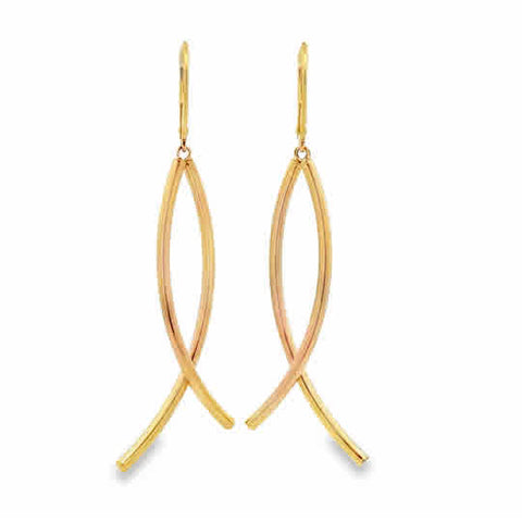 Lady's Yellow 14 Karat Curved, Graduating Bypass, Tube Stick Dangle Earrings
