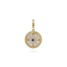 Yellow 14 Karat Bujukan Collection, Compass Medallion Pendant With = 0.04Tw Round Sapphires, = 0.07Tw Round G/H Si2 Diamonds And 2.200000 Twt Other Stones