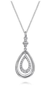 White Sterling Silver Bujukan Collection, Teardrop Pendant Chain Length 17.5 With = 0.35Tw Round White Sapphires