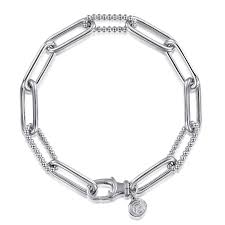 White Sterling Silver Bujukan Collection Elongated Plain And Beaded Links Bracelet Length 7