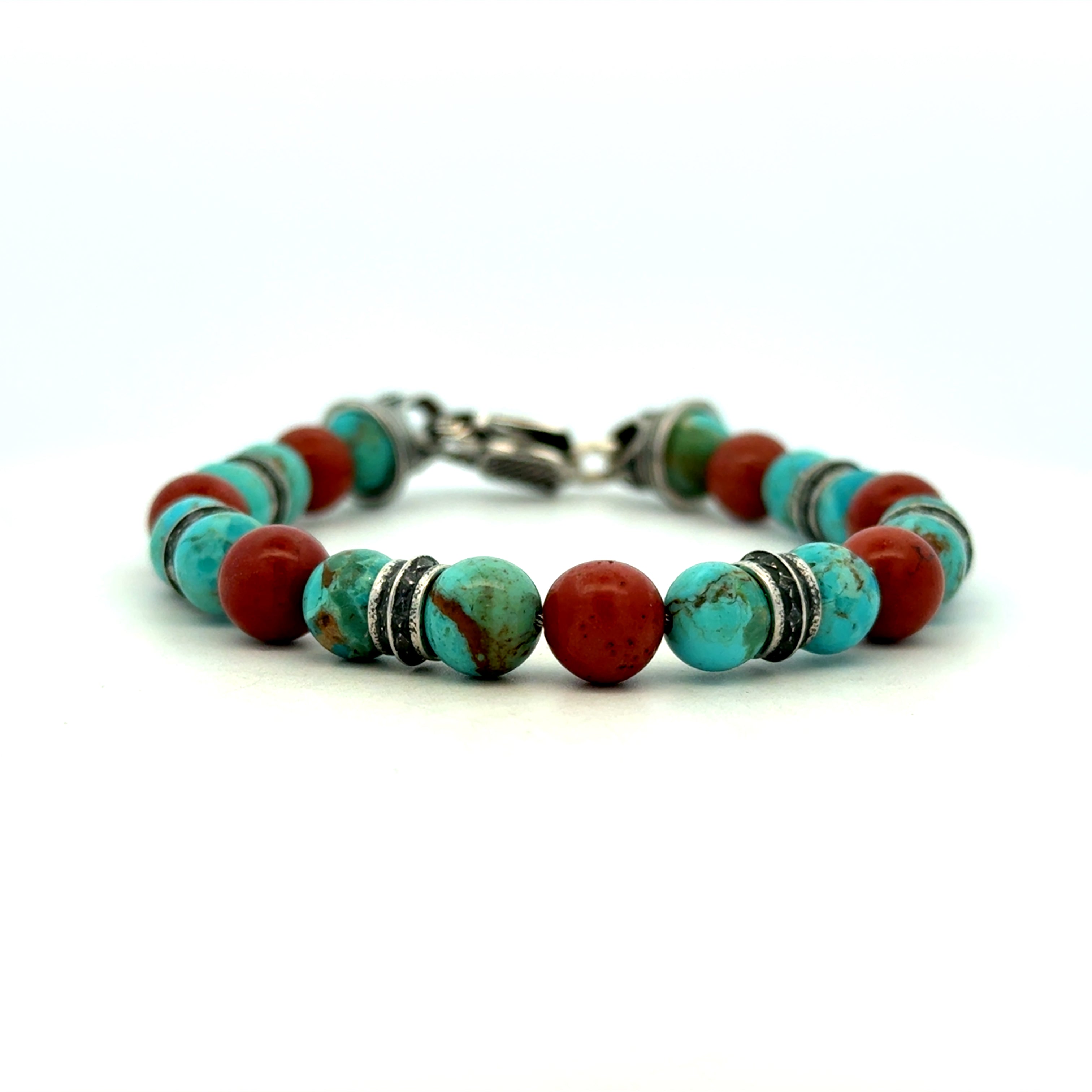 William Henry "Desert Flame" Sterling Silver Beaded Bracelet with Kingman Turquoise, Red Jasper, and Sterling Silver Beads.