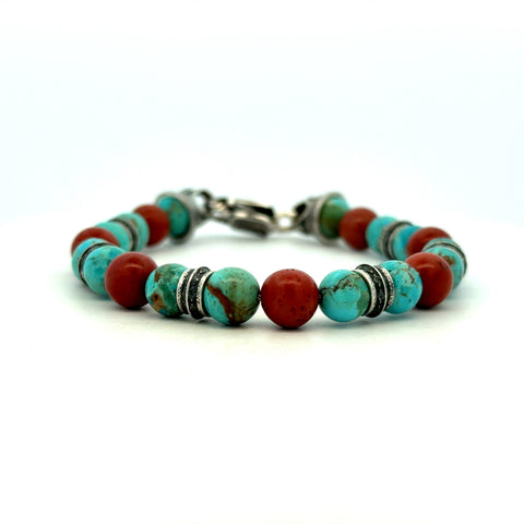 William Henry "Desert Flame" Sterling Silver Beaded Bracelet with Kingman Turquoise, Red Jasper, and Sterling Silver Beads.