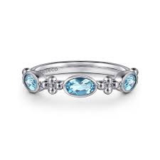 White Sterling Silver Bujukan Collection, Bezel Set Ring Size 7 With 3 = 0.85Tw Oval Blue Topazs