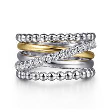 Tt Ss/14Kt Bujukan Collection, Wide Crossover Ring Size 7 = 0.39tw Round White Sapphires