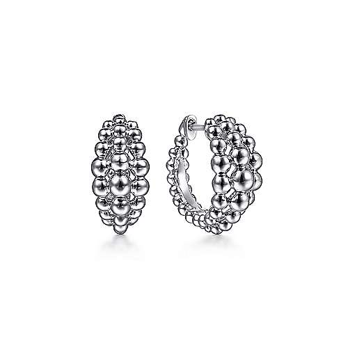 Lady's White Sterling Silver 15Mm Beaded Huggies Earrings