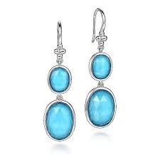 Lady's White Sterling Silver Dangle Earrings With 4 = 14.68Tw Oval Clear Quartz Over Turquoises