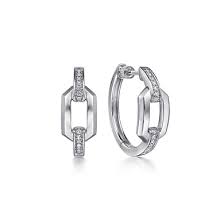 Lady's White Sterling Silver 30Mm Link Chain Hoop Earrings 0.29tw Round White Sapphires