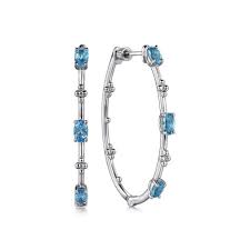 Lady's White Sterling Silver 40Mm Bujukan Hoop Earrings With = 1.56Tw Oval Blue Topazs