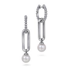 Lady's White Sterling Silver Bujukan Collection, Pearl Huggie Drops Earrings 2 = Fresh Water Pearls