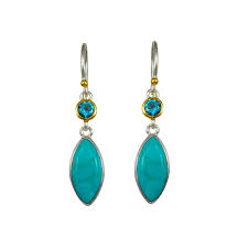 Lady's Tt Sterling Silver/22K Gold Vermeil Teardrop Earrings With 2 Round Blue Topaz's And 2 Marquise Turquoises