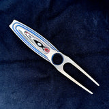 William Henry "Oakland Hills" Divot Tool Crafter from Aerospace Grade Titanium and Anodized to a Blue Hue, Inlaid with Fordit aka 'Detroite Agate'.