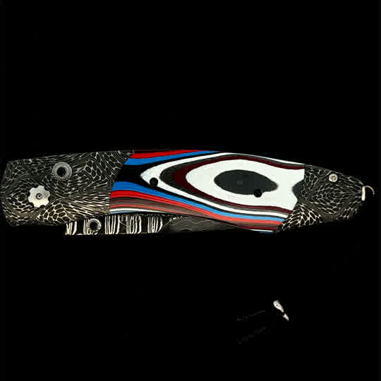 "B12 Detroit Agate" William Henry Knife with 'Wave' Damascus Steel Blade and Hand Forged Frame with 'Mind Melt' Damascus Steel and Fordite, Also Known As 'Motor City Agate'.