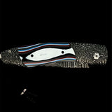 "B12 Detroit Agate" William Henry Knife with 'Wave' Damascus Steel Blade and Hand Forged Frame with 'Mind Melt' Damascus Steel and Fordite, Also Known As 'Motor City Agate'.