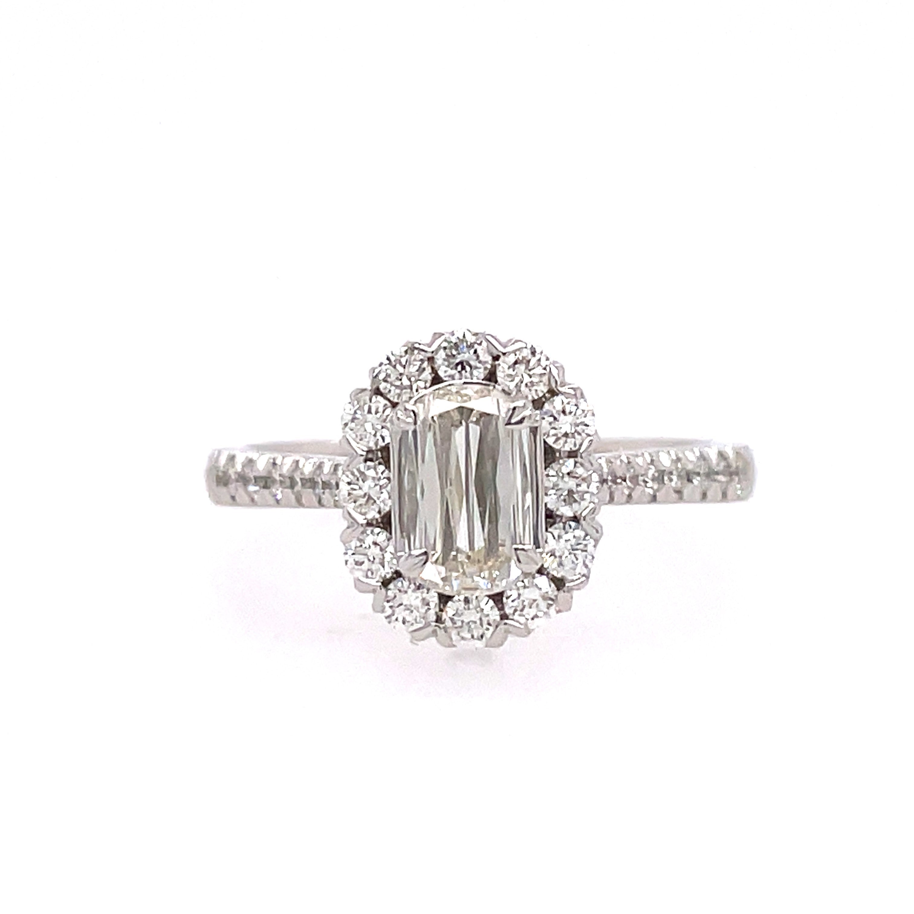 Lady's White 18 Karat Halo With Cathedral Shank Ring With One 0.41Ct L'amour Crisscut K Vs2 Diamond And 28=0.41Tw Round I Si1 Diamonds