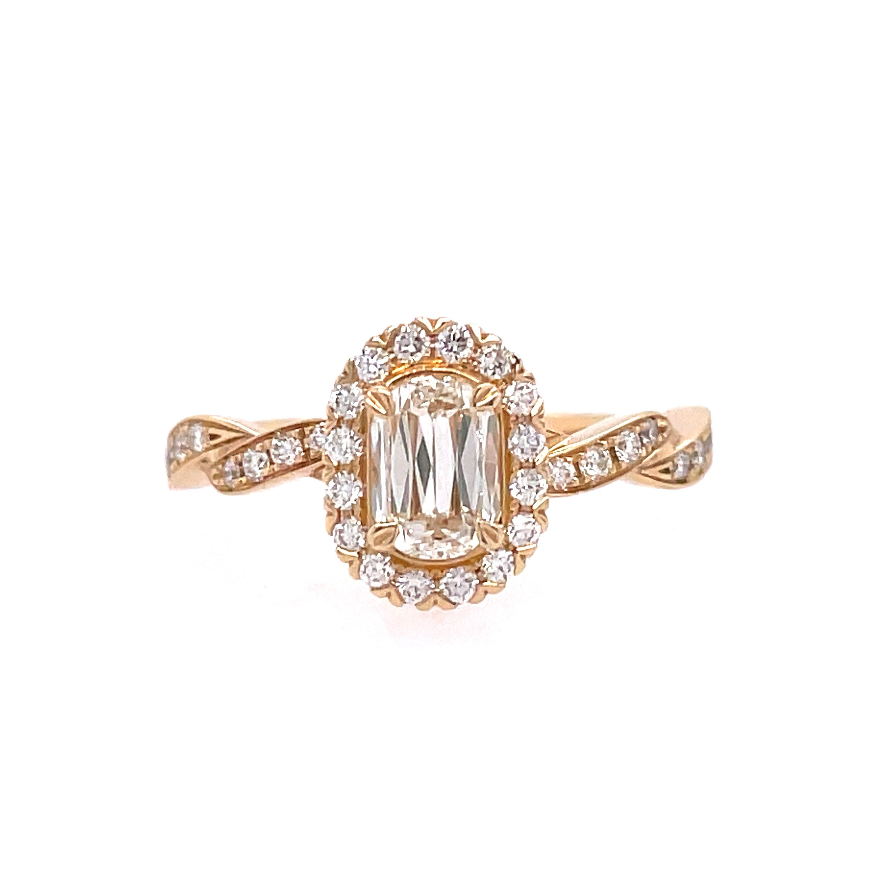 Lady's Yellow 14 Karat Halo With Woven Band Ring With One 0.42Ct L'amour Crisscut K Vs2 Diamond And 34=0.27Tw Round I Si1 Diamonds