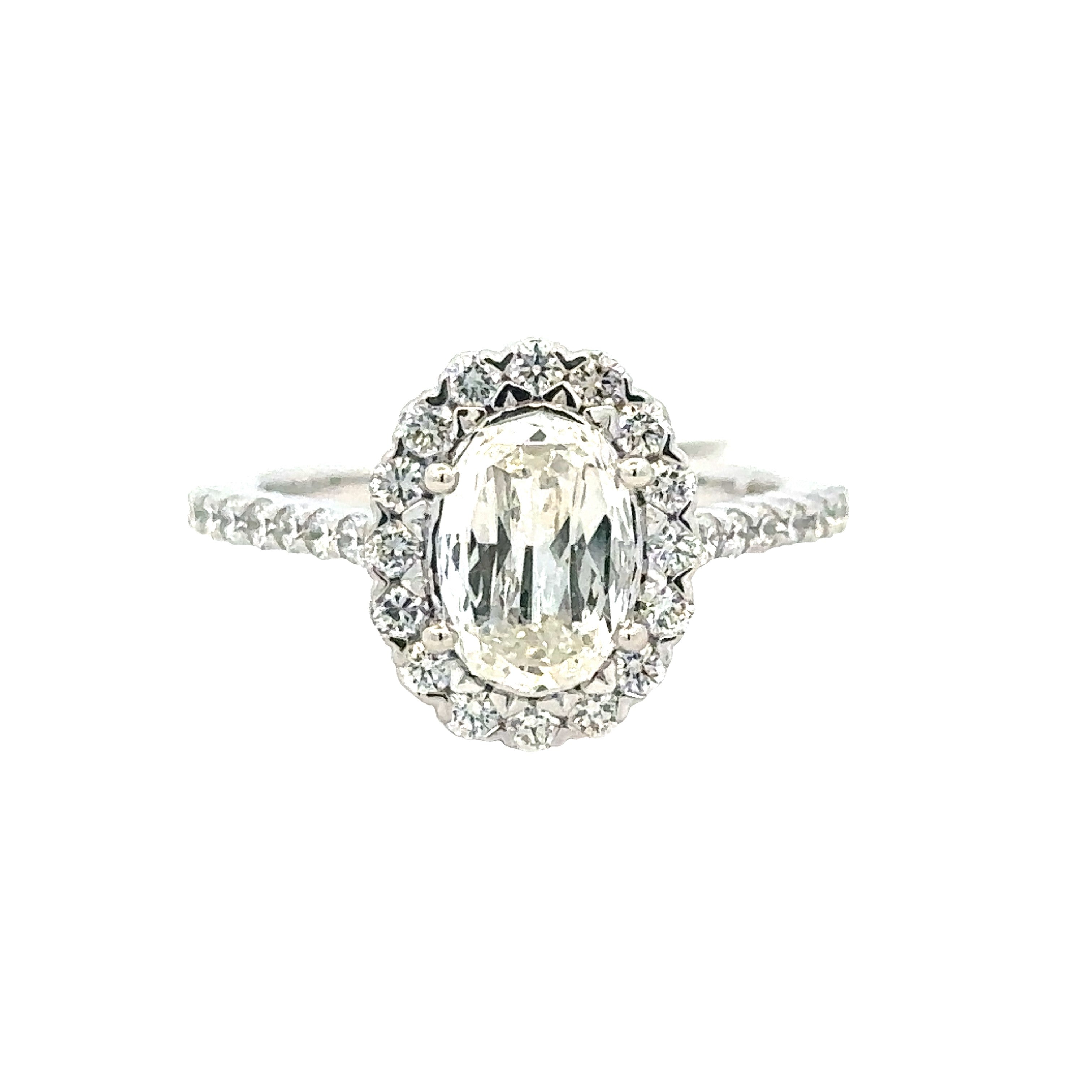 Lady's White 14 Karat Oval L'amour With Halo Ring Size 6.5 With One 1.11Ct L'amour Oval I Si2 Diamond, 14=0.26Tw Round I Si1 Diamonds And 0.340000 Twt Other Stones