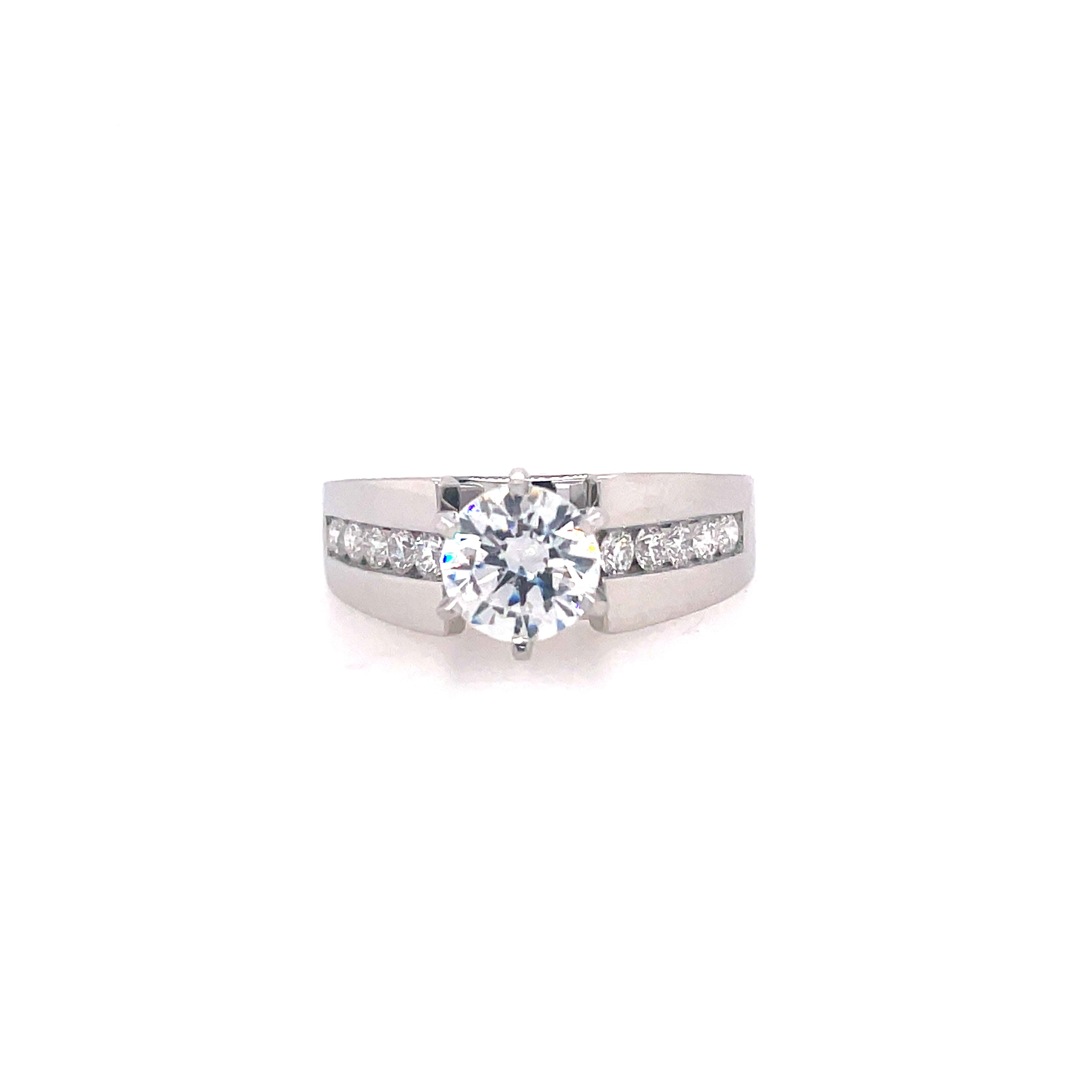 White 14 Karat Cathedral With Channel Center Ring Size 6.75 With One 6.00Mm R Cubic Zirconium And 10=0.33Tw Round G/H Si1 Diamonds