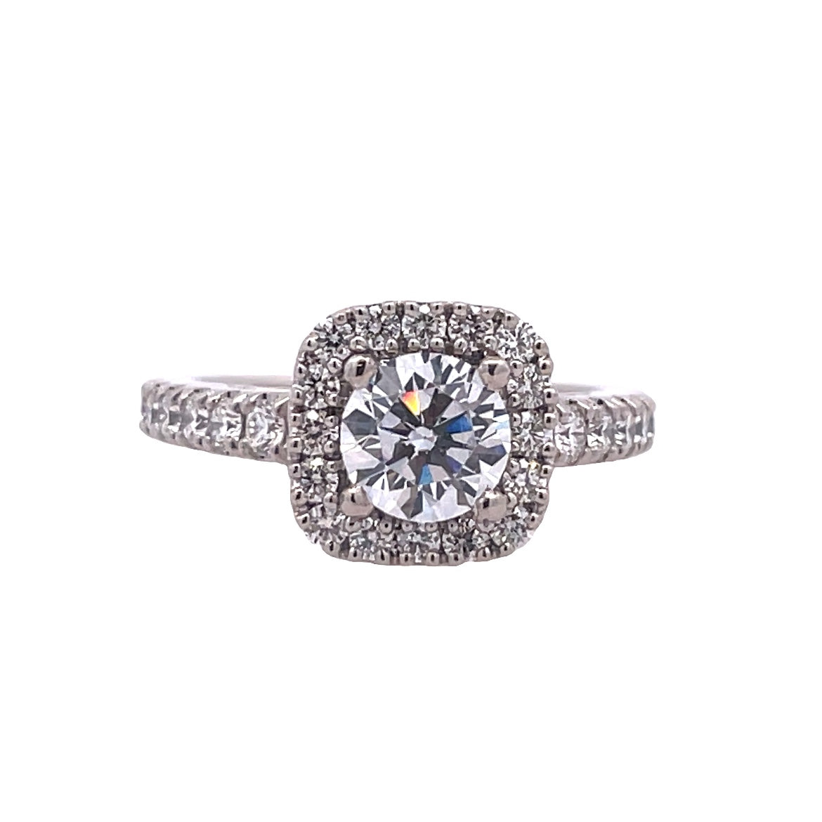 White 14 Karat Cushion Halo Ring With One R Cubic Zirconium And 0.83Tw Round G/H Si2 Diamonds