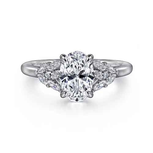 White 14 Karat Low Profile, Tapered Ring Size 6.5 With One 2.00Ct O Cubic Zirconium And 10=0.32Tw Marquise G/H Vs2 Diamonds