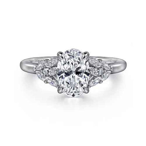 White 14 Karat Low Profile, Tapered Ring Size 6.5 With One 2.00Ct O Cubic Zirconium And 10=0.32Tw Marquise G/H Vs2 Diamonds