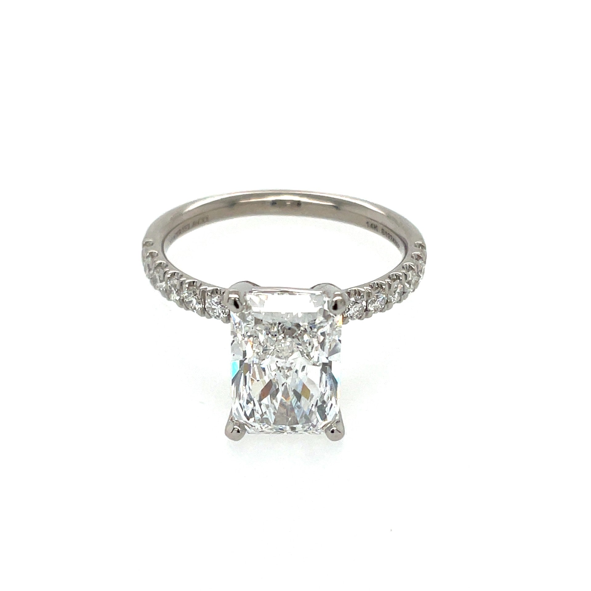 White 14 Karat Prong Set Band Ring Size 6.5 With One = 9.50X7.00Mm Emerald Cubic Zirconium And = 0.35Tw Round G/H Si2 Diamonds