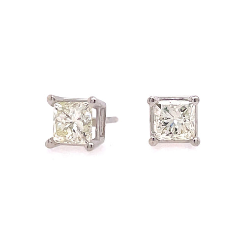 Lady's White 14 Karat Four Prong Studs Earrings 2 1.tw Princess J/K I1 Diamonds
