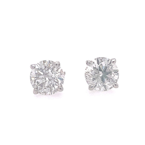 Lady's White 14 Karat Four Prong Studs Earrings With 2 1.5Tw Round J/K I2 Diamonds