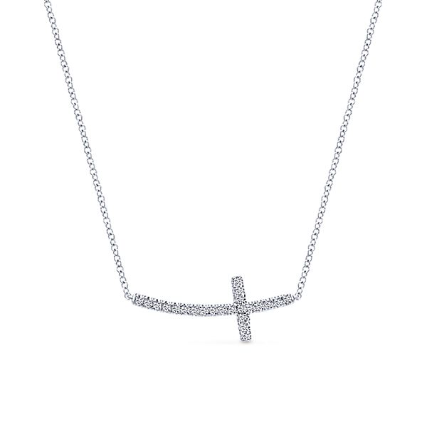 Lady's White 14 Karat Curved Cross Fashion Pendant Length 17 With 0.17Tw Round H/I Si2 Diamonds