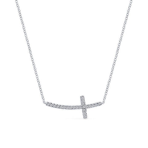 Lady's White 14 Karat Curved Cross Fashion Pendant Length 17 With 0.17Tw Round H/I Si2 Diamonds