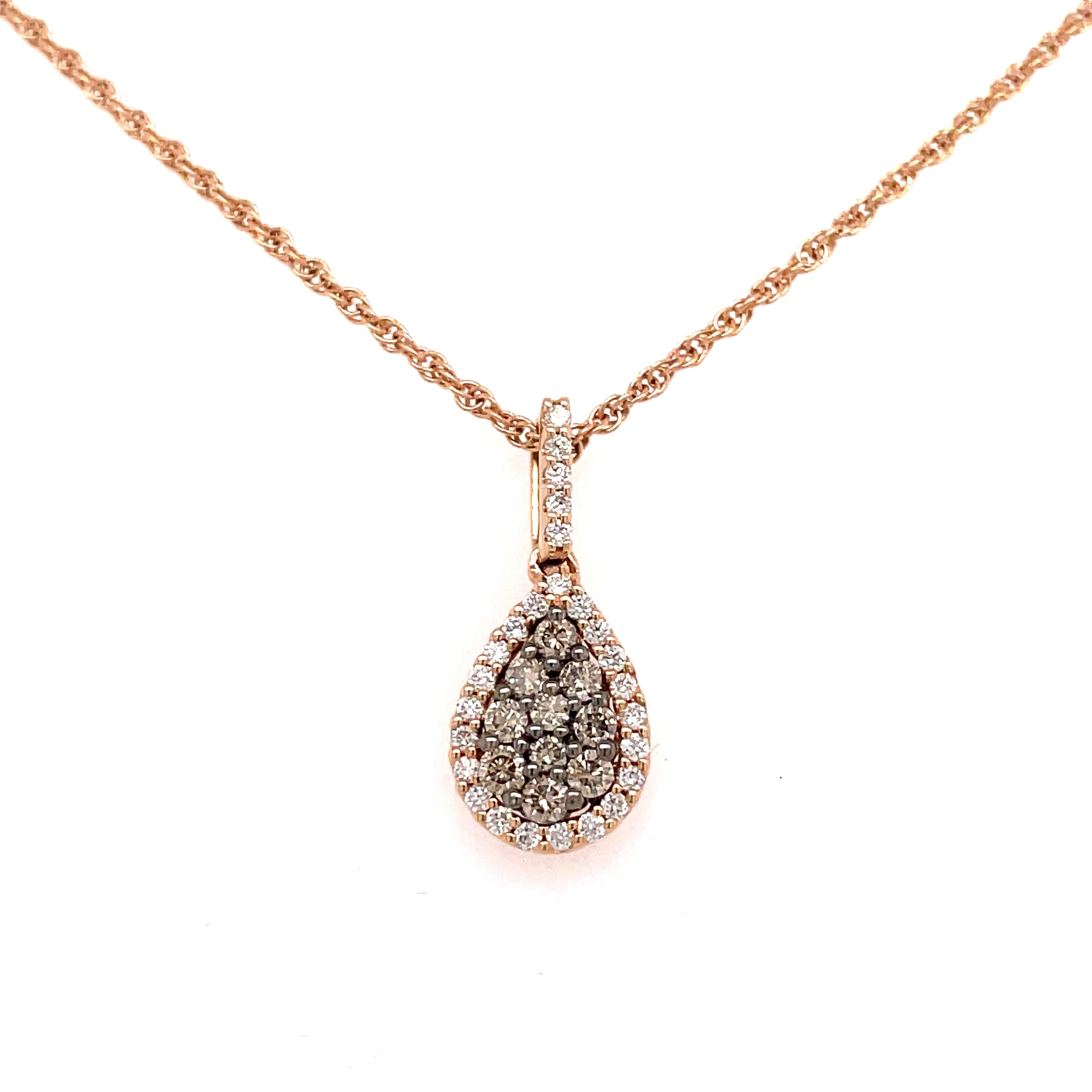 Lady's Rose 14 Karat Pear Pave' Necklace With = 0.25Tw Round Chocolate Diamonds And = 0.16Tw Round G/H Si1 Diamonds