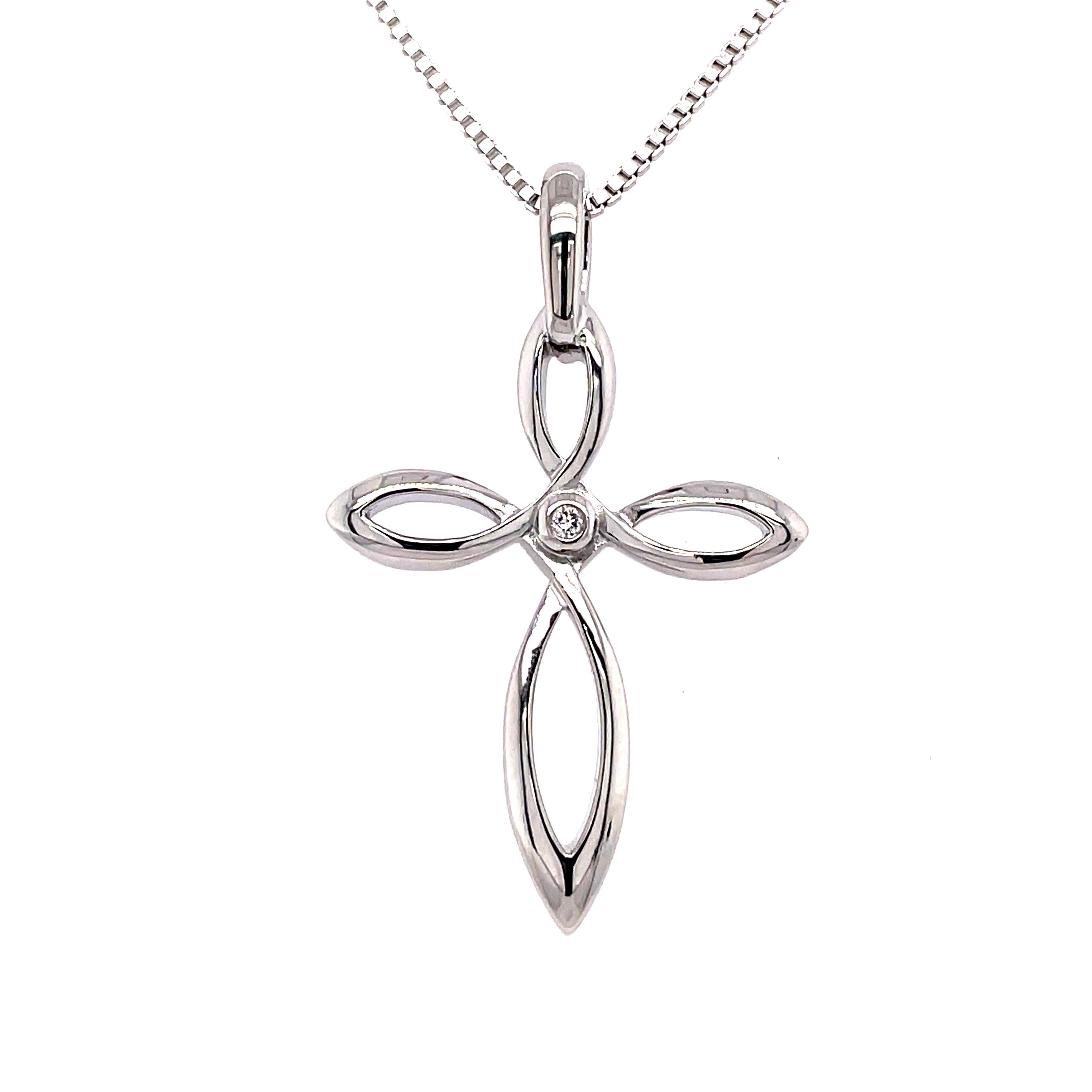 Lady's White Polished Sterling Silver Cross Pendant With 0.01Tw Round Diamonds
