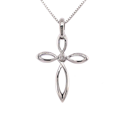 Lady's White Polished Sterling Silver Cross Pendant With 0.01Tw Round Diamonds