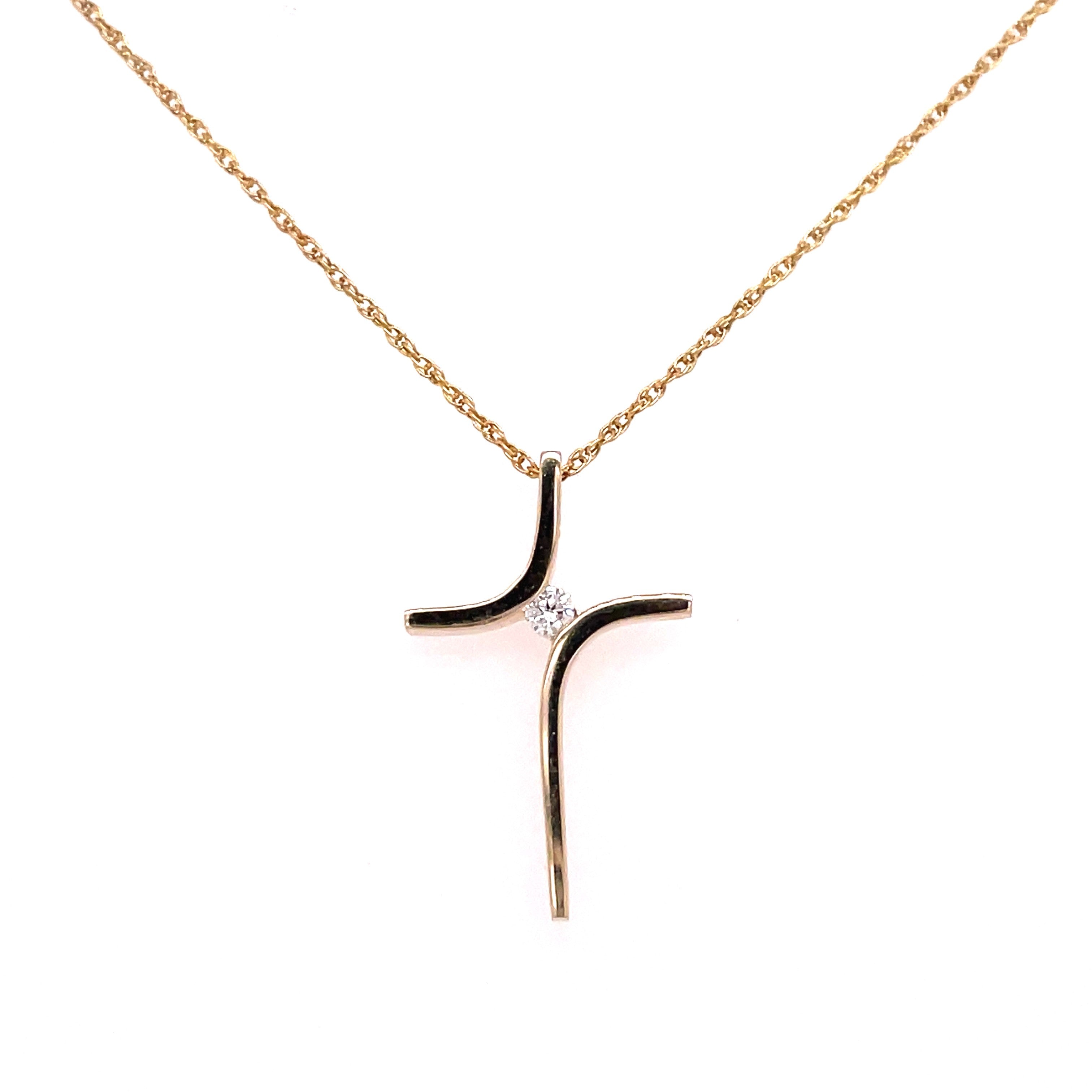 Yellow 14 Karat Cross Pendant Length 16 With One 0.03Ct Round G/H Si1 Diamond