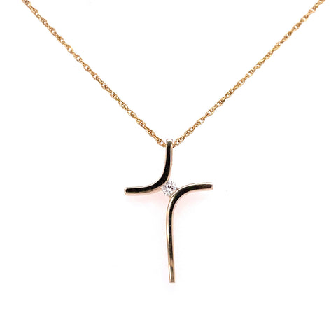 Yellow 14 Karat Cross Pendant Length 16 With One 0.03Ct Round G/H Si1 Diamond