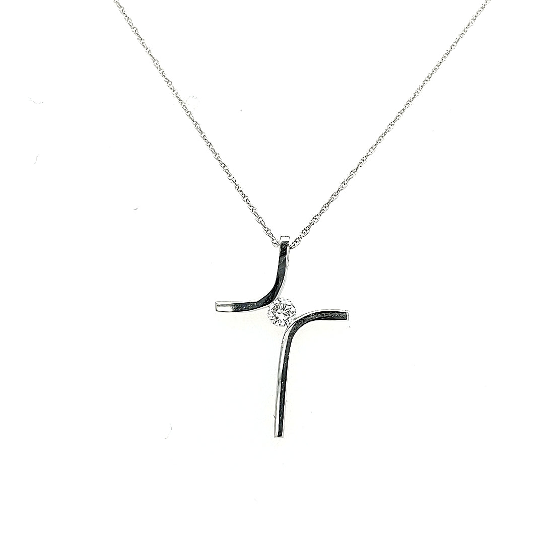 White 14 Karat Cross Pendant Length 18 With One 0.12Ct Round Diamond