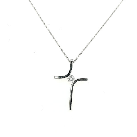 White 14 Karat Cross Pendant Length 18 With One 0.12Ct Round Diamond