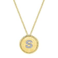 Lady's Yellow 14 Karat Round Initial Medallion "S" Pendant Length 17.5 With 0.04Tw Round H/I Si2 Diamonds