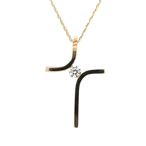 Lady's Yellow 14 Karat Cross Pendant With One 0.12Ct Round G/H Si1 Diamond