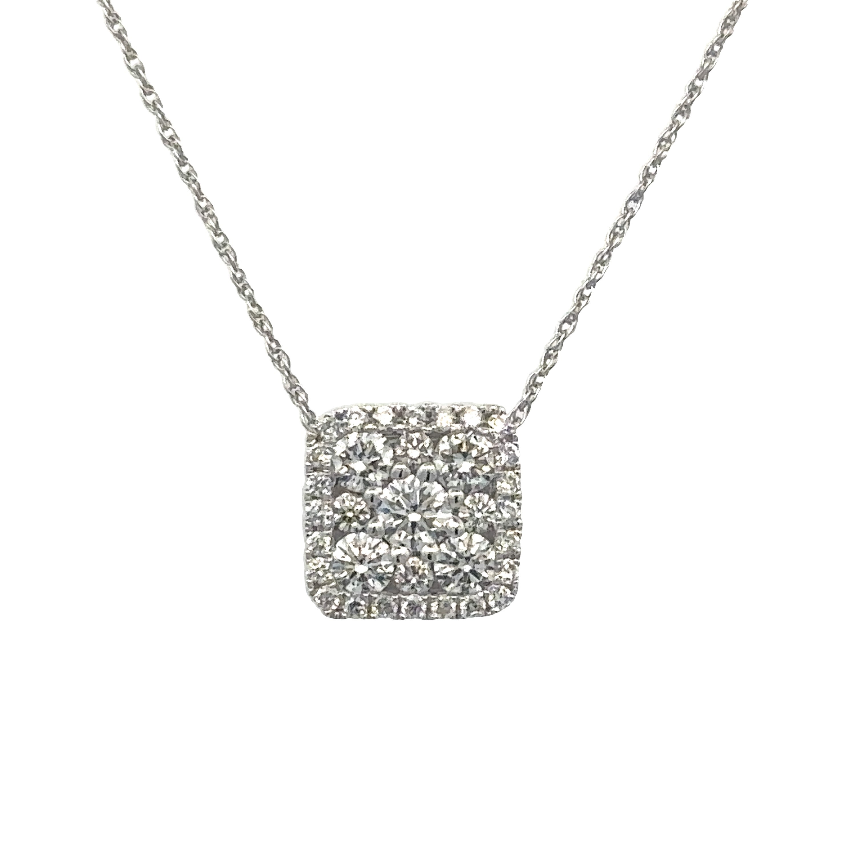 White 14 Karat Square Cluster Pendant 33=0.76tw Round G/H SI1 Diamonds, Regularly $2800.00 Vendor Price $1400.00

Purchases made from our Vendor Price case are not eligible for "complimentary" services. Standard ring sizings, setting fees, and yearly rh