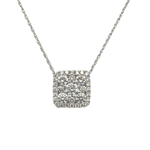White 14 Karat Square Cluster Pendant 33=0.76tw Round G/H SI1 Diamonds, Regularly $2800.00 Vendor Price $1400.00

Purchases made from our Vendor Price case are not eligible for "complimentary" services. Standard ring sizings, setting fees, and yearly rh