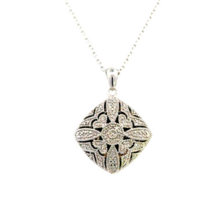 White Sterling Silver Vintage Square Locket Pendant Length 18 With 0.02Tw Round H/I I1 Diamonds