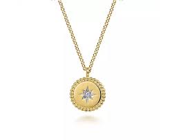 Lady's Yellow 14 Karat Starburst Center Necklace Length 17.5 With 0.02Tw Round H/I Si2 Diamonds